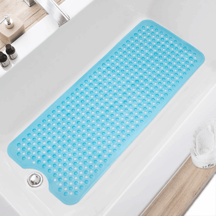 Bath Tub and Shower Mats, Non Slip 40 X 16 Inch Extra Large Bathtub Mat, Machine Washable Bathmat with Drain Holes, Suction Cups for Bathroom Floor, Clear Blue