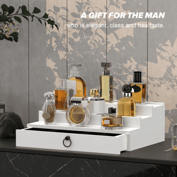 Cologne Organizer for Men, 3 Tier Wood Perfume Organizer with Felt Lining Drawer and Hidden Compartment, White Perfume Display Holder, a Gift for Men - Image 7