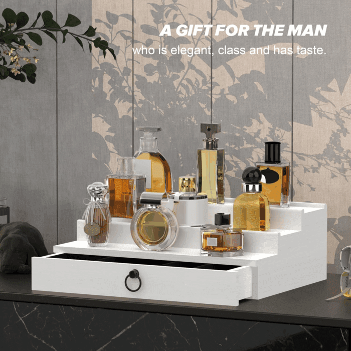 Cologne Organizer for Men, 3 Tier Wood Perfume Organizer with Felt Lining Drawer and Hidden Compartment, White Perfume Display Holder, a Gift for Men - Image 7