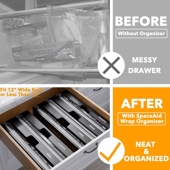 Wrapneat 3 in 1 Wrap Organizer with Cutter and Labels, Plastic Wrap, Aluminum Foil and Wax Bamboo Dispenser for Kitchen Storage Organization Holder for 12" Roll (Black) - Image 2