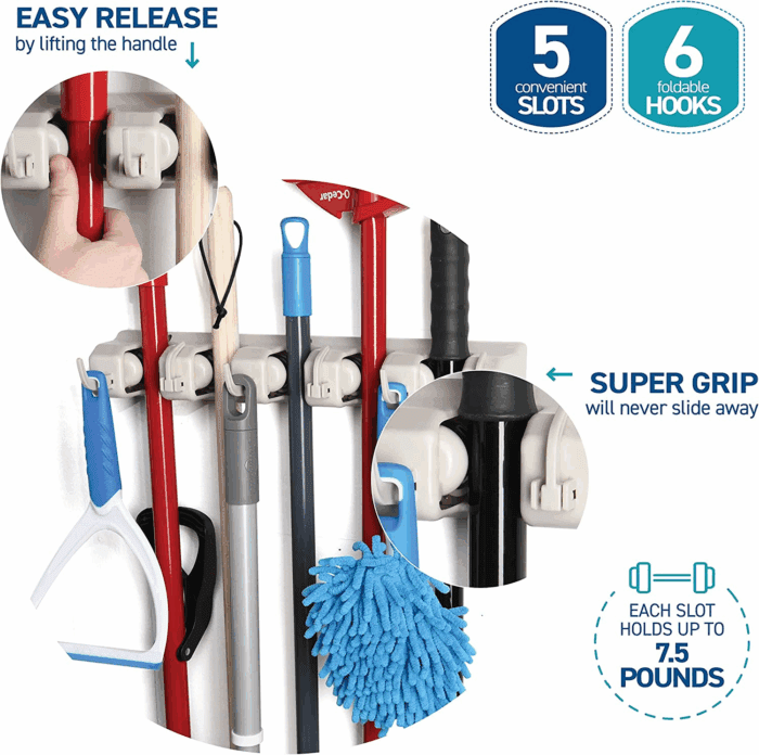 Mop and Broom Holder Wall Mount Garden Tool Storage Tool Rack Storage & Organization for the Home Plastic Hanger for Closet Garage Organizer (5-Position) - Image 4