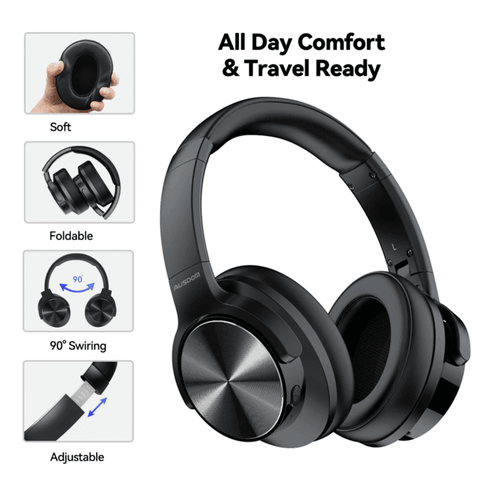 E9 Noise Cancelling Headphones,Wireless Bluetooth over Ear Headphones with Microphone - Black - Image 8