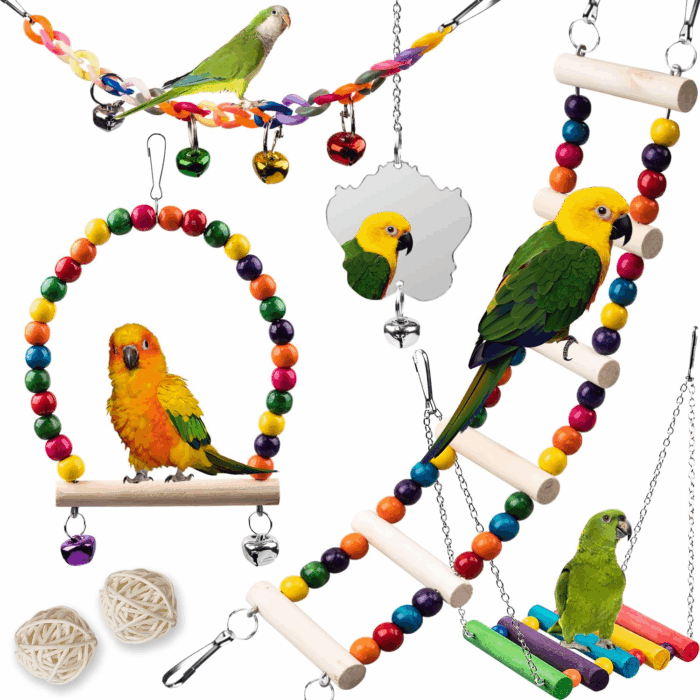 7Pcs Bird Toys for Parakeets & Small Birds - Wooden Perch Swings, Ladder & Climbing Toys for Conure, Cockatiel & Budgie - 18''