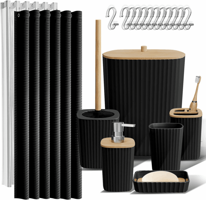 Bathroom Accessories Set - Bathroom Set, 20PC Bathroom Accessory Set, Black Shower Curtain Set, Toilet Brush, Trash Can & Soap Dispenser