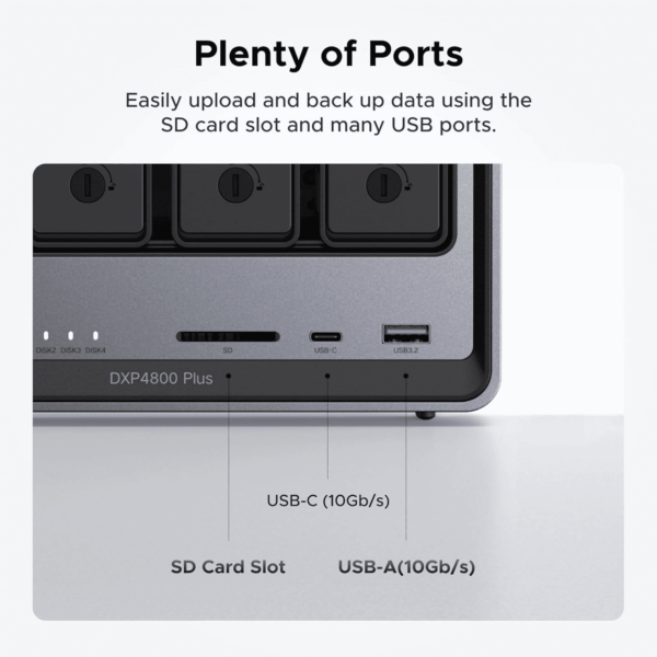 Nasync DXP4800 plus 4-Bay Desktop NAS, Intel Pentium Gold 8505 5-Core CPU, 8GB DDR5 RAM, 128G SSD, 1 * 10Gbe, 1 * 2.5Gbe, 2 * M.2 Nvme Slots, 4K HDMI, Network Attached Storage (Diskless) - Image 9