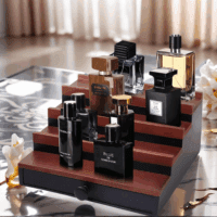 Cologne Organizer for Men - 4 Tier Walnut Black Wooden Cologne Display Stand with Drawer and Hidden Compartment, Mens Cologne Holder Shelf for Organizing and Storing, Walnut Black - Image 3