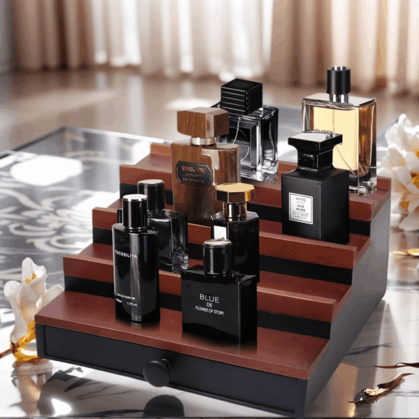 Cologne Organizer for Men - 4 Tier Walnut Black Wooden Cologne Display Stand with Drawer and Hidden Compartment, Mens Cologne Holder Shelf for Organizing and Storing, Walnut Black - Image 3