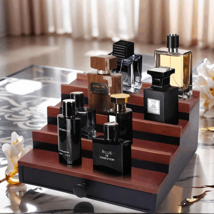 Cologne Organizer for Men - 4 Tier Walnut Black Wooden Cologne Display Stand with Drawer and Hidden Compartment, Mens Cologne Holder Shelf for Organizing and Storing, Walnut Black - Image 3