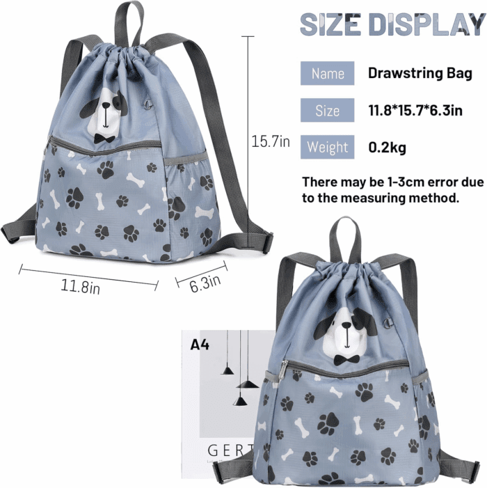 Children Boy Girl Dog Print Drawstring Backpack Outdoor Casaul Portable Shoulder Bag Swim Gymsack Sack Pack Grey - Image 3