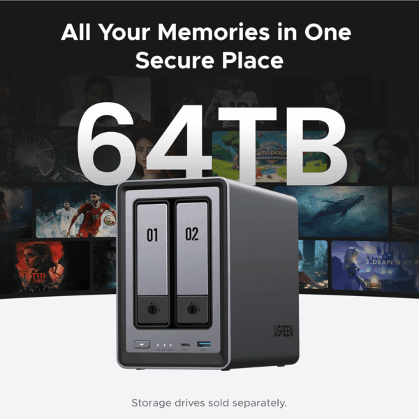 Nasync DXP2800 2-Bay Desktop NAS, Intel N100 Quad-Core CPU, 8GB DDR5 RAM, 2.5Gbe, 2 * M.2 Nvme Slots, 4K HDMI, Network Attached Storage (Diskless) - Image 3