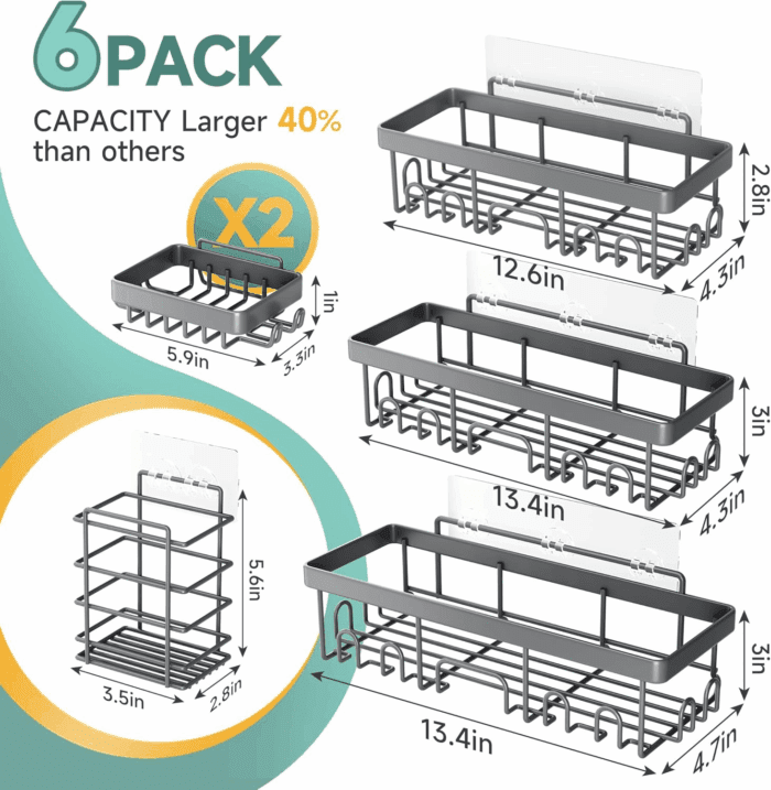6-Pack Rustproof & Waterproof Shower Caddy, Adhesive Shelves Rack with Soap Holder, Large Capacity Bathroom, College Dorm & Apartment Organizers, No-Drill Wall Mount Living Room & Bedroom Decor - Image 5