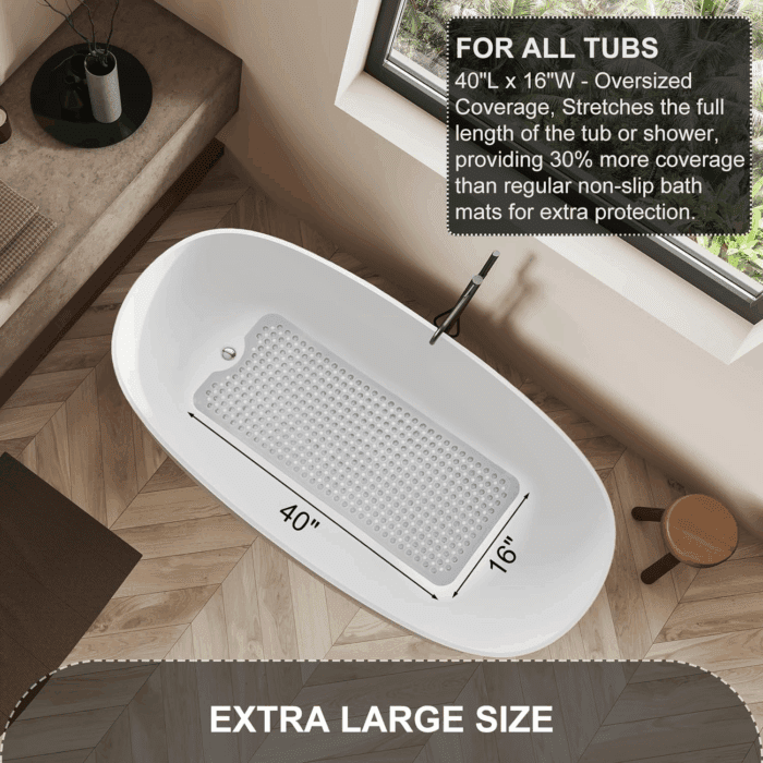 Upgrade Bath Tub and Shower Mats, Non Slip 40 X 16 Inch Extra Large Bathtub Mat, Machine Washable Bathmat with Drain Holes, Suction Cups for Bathroom Floor, Clear Gray - Image 5