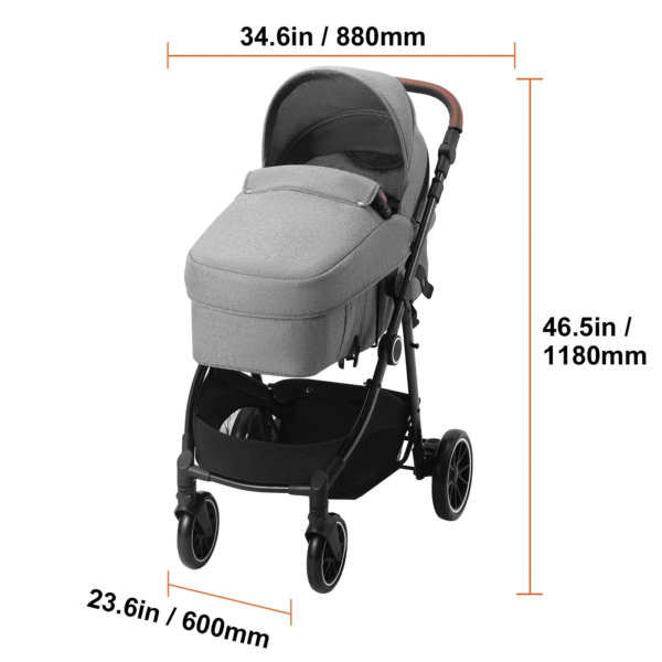 2 in 1 Convertible Baby Stroller, Foldable Infant Newborn Bassinet Pram, Unisex Travel Stroller for Newborn Baby, Dark Grey - Image 8