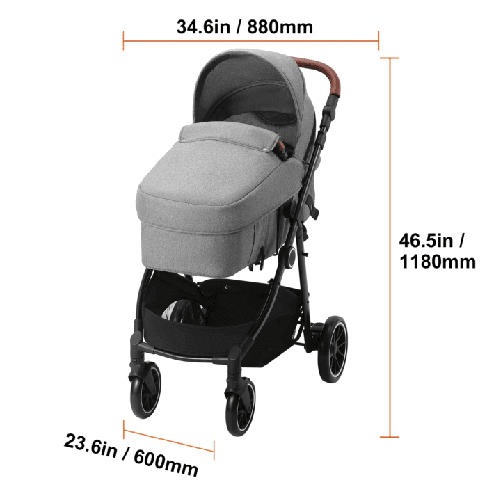 2 in 1 Convertible Baby Stroller, Foldable Infant Newborn Bassinet Pram, Unisex Travel Stroller for Newborn Baby, Dark Grey - Image 8