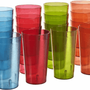 Cafe Plastic Reusable Tumblers (Set of 16) 20-Ounce Water Cups Assorted Colors | Restaurant Style Drinking Glasses Value Set, Stackable, Bpa-Free, Made in the USA | Top-Rack Dishwasher Safe