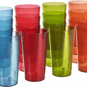 Cafe Plastic Reusable Tumblers (Set of 16) 20-Ounce Water Cups Assorted Colors | Restaurant Style Drinking Glasses Value Set, Stackable, Bpa-Free, Made in the USA | Top-Rack Dishwasher Safe
