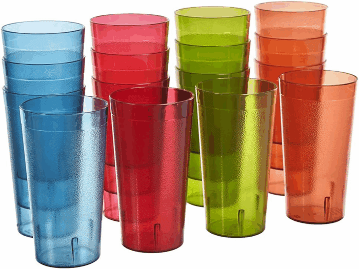 Cafe Plastic Reusable Tumblers (Set of 16) 20-Ounce Water Cups Assorted Colors | Restaurant Style Drinking Glasses Value Set, Stackable, Bpa-Free, Made in the USA | Top-Rack Dishwasher Safe