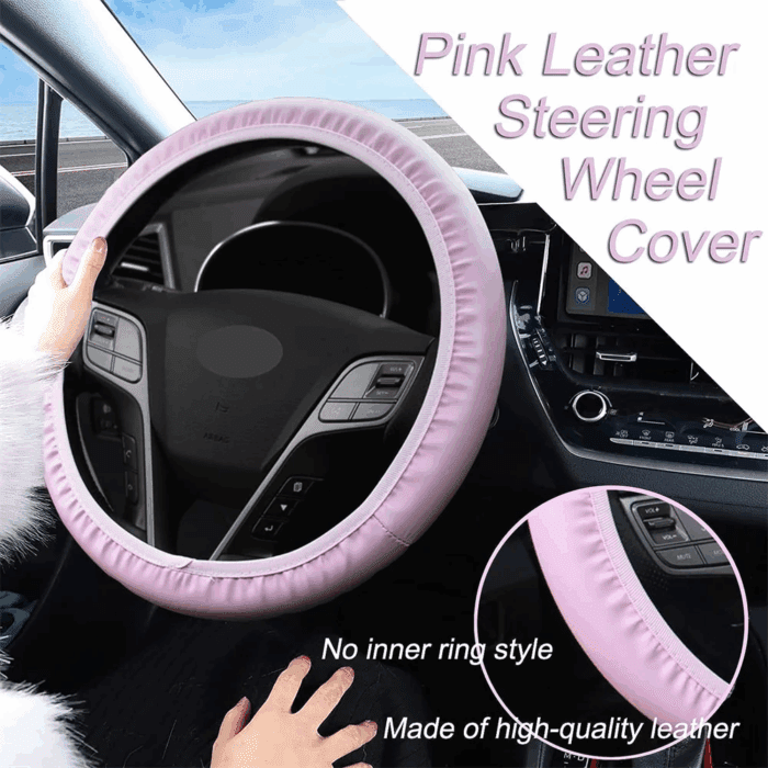 10 Pcs Car Accessories Set,Leather Steering Wheel Cover for Women Cute Car Accessories Set with Seat Belt Shoulder Pads Cup Holders for Women Girl Car Interior Pink Suit - Image 6