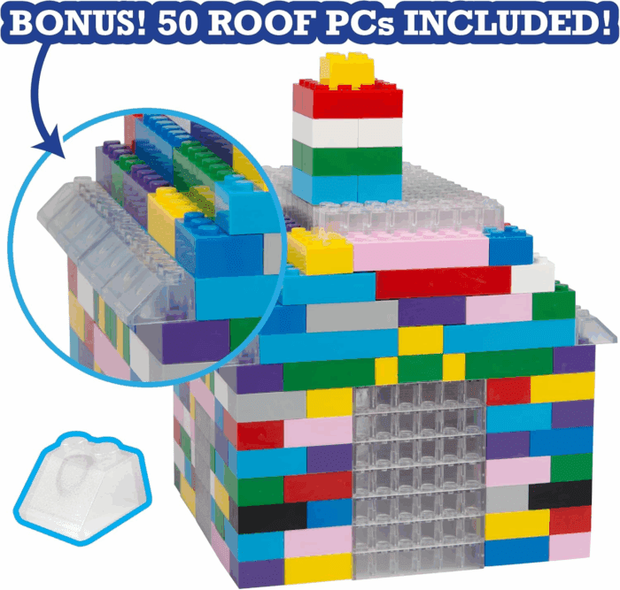 Building Block Bricks - 1000 Pc Bulk Set of Unique Clear Color with 54 Roof Pieces - Great for Activity Tables, Creativity & School Projects - Image 4