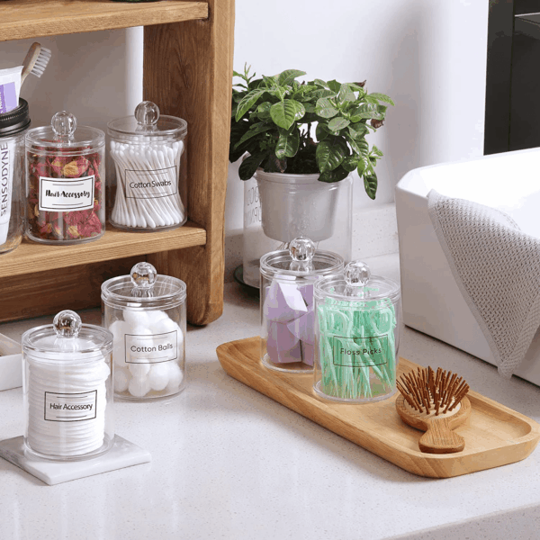 4 Pack Acrylic Qtip Holder Dispenser for Cotton Swabs, Balls, Pads, Floss Picks- Small Clear Plastic Canister Apothecary Jar Set, Bathroom Essentials Accessories Decor, Vanity Makeup Storage Organizer - Image 4