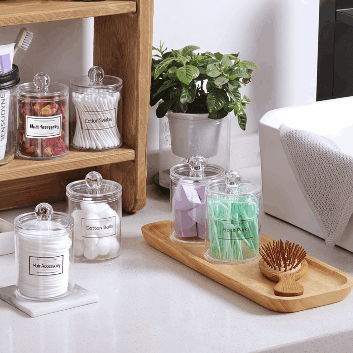 4 Pack Acrylic Qtip Holder Dispenser for Cotton Swabs, Balls, Pads, Floss Picks- Small Clear Plastic Canister Apothecary Jar Set, Bathroom Essentials Accessories Decor, Vanity Makeup Storage Organizer - Image 4