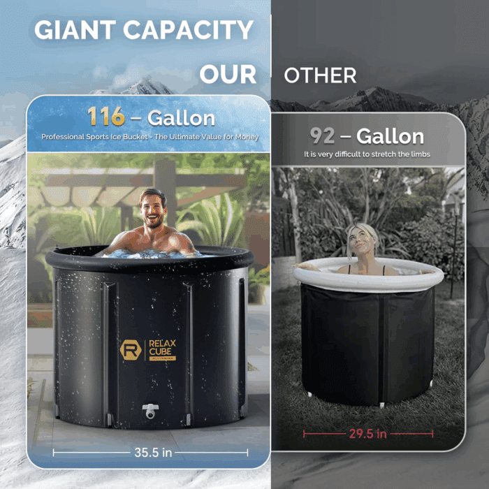 Ice Bath Tub for Athletes, 116 Gal XL Cold Plunge Tub for Recovery and Cold Water Therapy, Portable Multiple Layered Ice Pod Barrel for Outdoor, Inflatable Icebath Tub at Home, Pure Black - Image 2