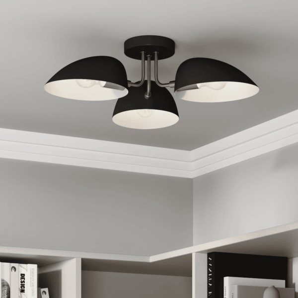 Argo Semi Flush Ceiling Mount 3-Light Fixture with Retro Black Rounded Shade for Hallway, Kitchen or Bedroom