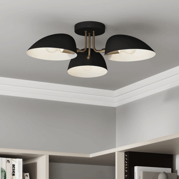 Argo Semi Flush Ceiling Mount 3-Light Fixture with Retro Black Rounded Shade for Hallway, Kitchen or Bedroom