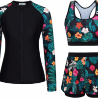 Women'S 3 Piece Rash Guard Long Sleeve Swimsuits with Boyshorts Zip up UPF 50+ Swim Shirt Built in Bra