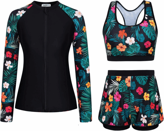 Women'S 3 Piece Rash Guard Long Sleeve Swimsuits with Boyshorts Zip up UPF 50+ Swim Shirt Built in Bra
