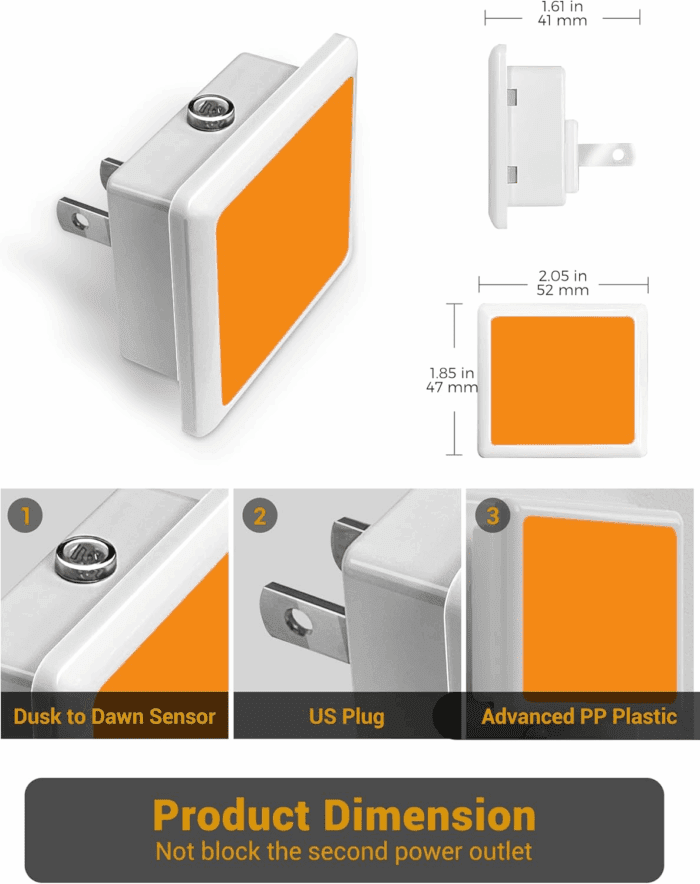 Amber Night Light[2 Pack], Night Lights Plug into Wall, LED Plug in Nightlight with Dusk-To-Dawn Sensor, 0.3W Dim Night Light for Sleep, Bedroom, Bathroom, Hallway, Non-Dimmable - Image 4