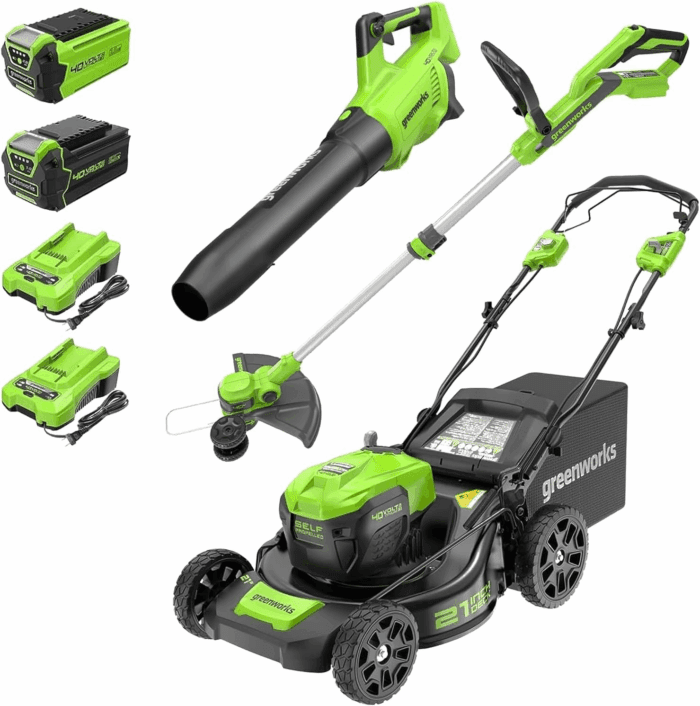 40V 21" Self-Propelled Lawn Mower,Axial Leaf Blower(500 CFM / 120 MPH),13" String Trimmer with 2 Batteries(5Ah+2Ah) & Chargers