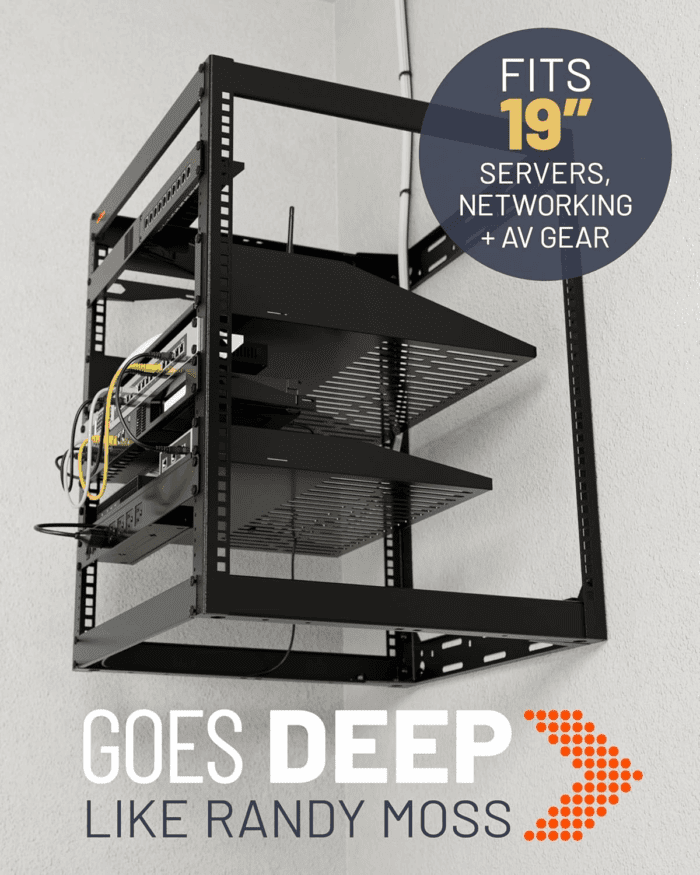 15U Open Frame Rack for Servers & AV Gear - Wall Mountable Design Includes 2X Vented Shelves, 25X Rack Mounting Screws, 4X Leveling Feet, 4X Shelf Stops, & 2X Securement Straps - Image 8