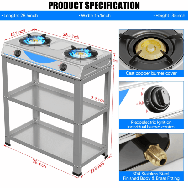 Propane Gas Stove,2 Burner Propane Burner, with Removable Leg,Auto Ignition Camping Stove,Portable Gas Stove for RV, Apartment, Outdoor - Image 2