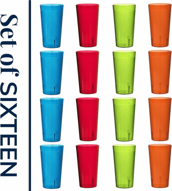 Cafe Plastic Reusable Tumblers (Set of 16) 20-Ounce Water Cups Assorted Colors | Restaurant Style Drinking Glasses Value Set, Stackable, Bpa-Free, Made in the USA | Top-Rack Dishwasher Safe - Image 8