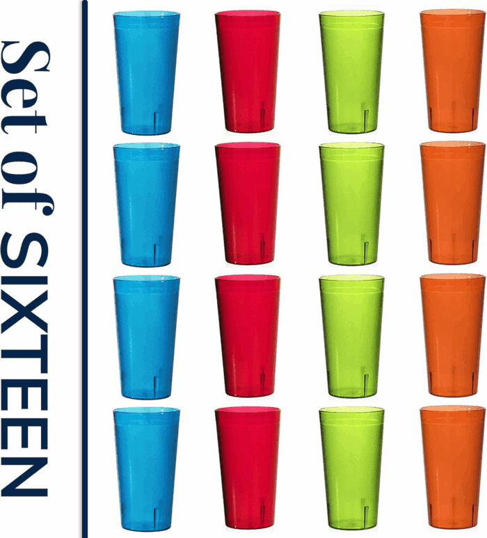 Cafe Plastic Reusable Tumblers (Set of 16) 20-Ounce Water Cups Assorted Colors | Restaurant Style Drinking Glasses Value Set, Stackable, Bpa-Free, Made in the USA | Top-Rack Dishwasher Safe - Image 8