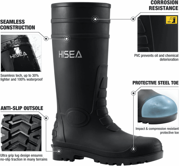 Men'S Steel Toe Rain Boots PVC Rubber Boots, Waterproof Garden Fishing Outdoor Work Boots, Durable Slip Resistant Knee Boots for Agriculture and Industrial Working - Image 2