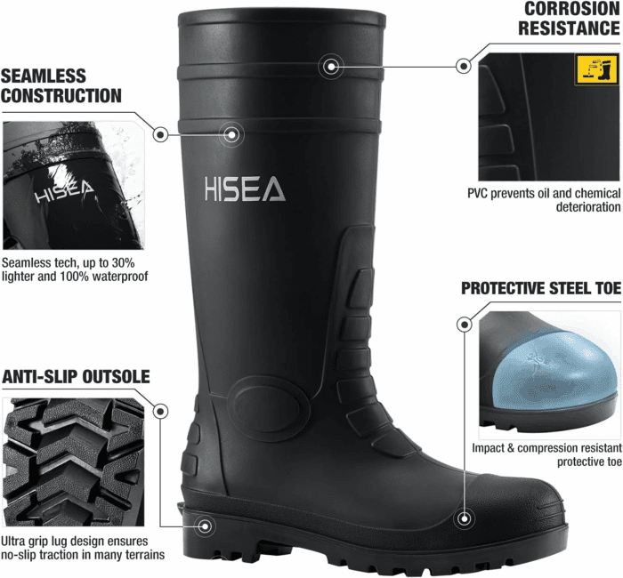 Men'S Steel Toe Rain Boots PVC Rubber Boots, Waterproof Garden Fishing Outdoor Work Boots, Durable Slip Resistant Knee Boots for Agriculture and Industrial Working - Image 2