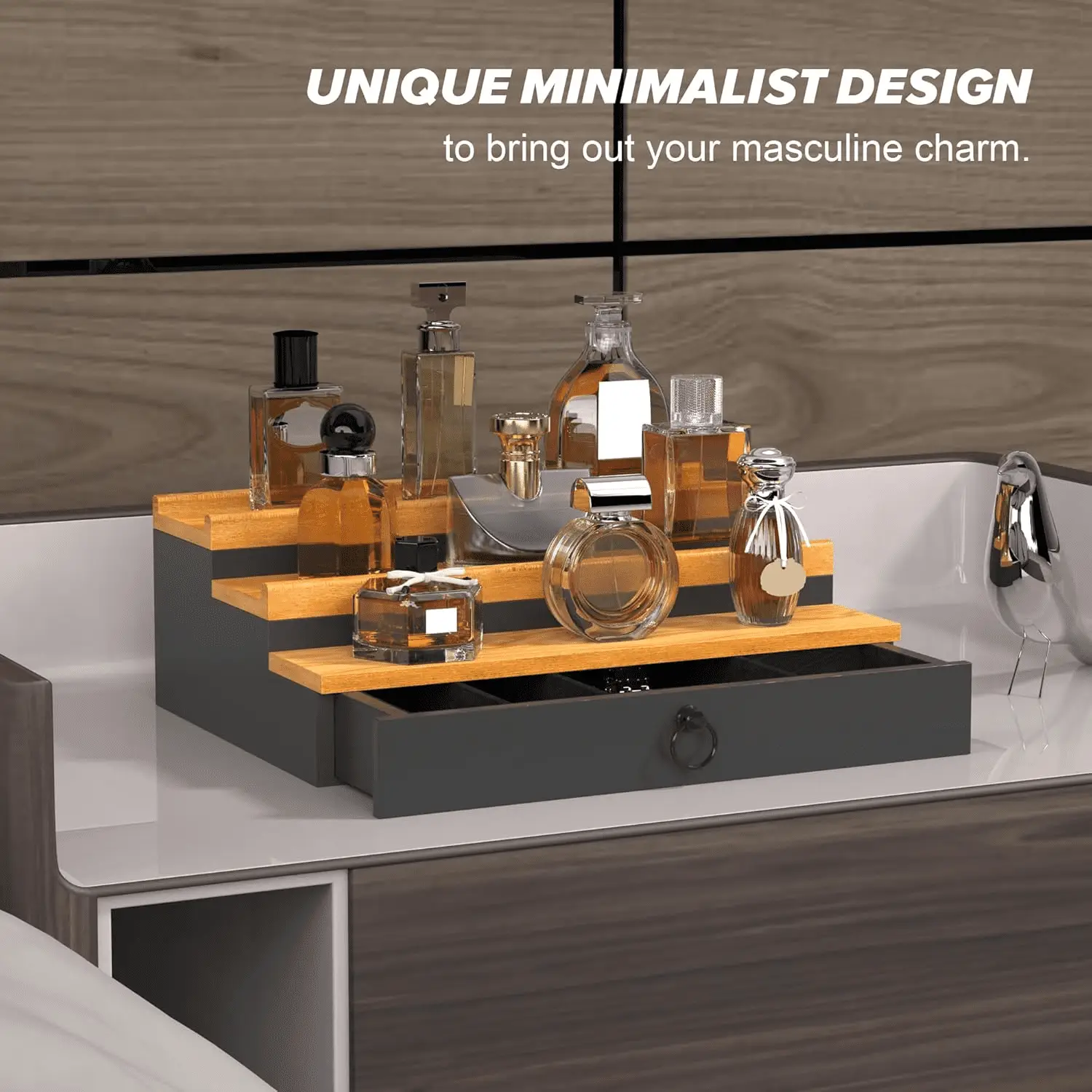 Cologne Organizer for Men, 3 Tier Wood Perfume Organizer with Felt Lining Drawer and Hidden Compartment Perfume Display Holder, a Gift for Men - Image 8