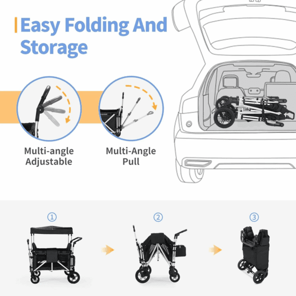 Stroller Wagon for 2 Kids, Wagon Stroller with 2 High Seat, 5-Point Harnesses, Adjustable Canopy, Foldable Stroller Wagon 2 Passenger for Garden, Stroller, Camping, Grocery Cart - Image 3