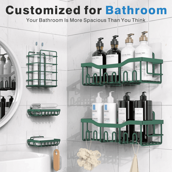 5-Pack Rustproof Stainless Steel Shower Caddy – No Drill Adhesive Bathroom Organizer with Large Capacity, Spacious Shower Shelves for inside Shower, Kitchen & Home Decor Storage - Image 2