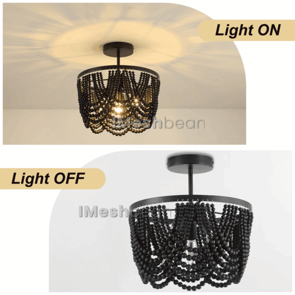 Black 12.6 Inch Wood Bead Chandelier Flush Mount Ceiling Light Fixture 3-Light Boho Light Fixtures Ceiling Farmhouse Chandeliers for Bedroom Dining Room - Image 3