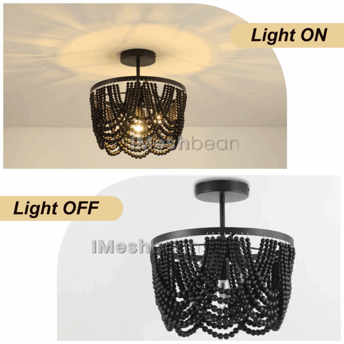 Black 12.6 Inch Wood Bead Chandelier Flush Mount Ceiling Light Fixture 3-Light Boho Light Fixtures Ceiling Farmhouse Chandeliers for Bedroom Dining Room - Image 3