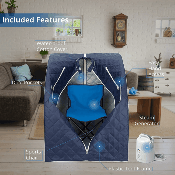 Oversized Portable Steam Sauna Spa - Relaxation at Home - 60 Minute Timer - 800 Watt Steam Generator - Chair Included - Blue Satin - Image 3