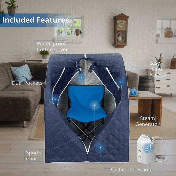 Oversized Portable Steam Sauna Spa - Relaxation at Home - 60 Minute Timer - 800 Watt Steam Generator - Chair Included - Blue Satin - Image 3