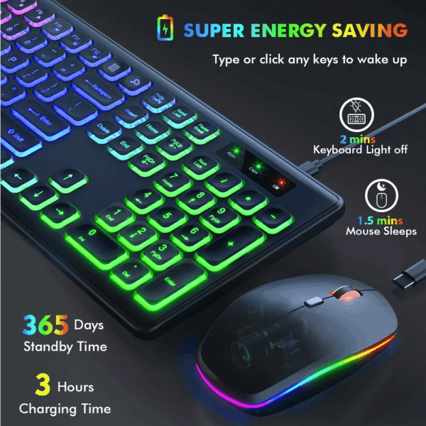 Wireless Keyboard and Mouse Combo RGB Backlit Rechargeable 2.4Ghz Quiet 108 Keys Keyboard-Black - Image 3