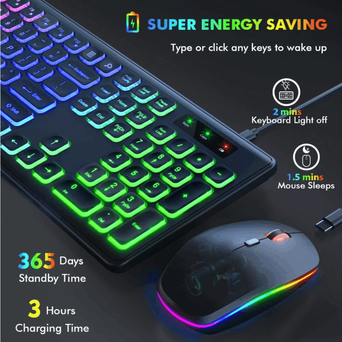 Wireless Keyboard and Mouse Combo RGB Backlit Rechargeable 2.4Ghz Quiet 108 Keys Keyboard-Black - Image 3