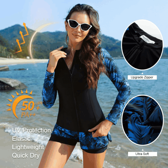 Women'S 3 Piece Rash Guard Long Sleeve Swimsuits with Boyshorts Zip up UPF 50+ Swim Shirt Built in Bra - Image 2