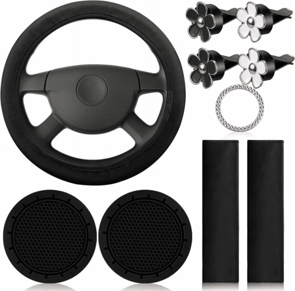 10 Pcs Car Accessories Set,Leather Steering Wheel Cover for Women Cute Car Accessories Set with Seat Belt Shoulder Pads Cup Holders for Women Girl Car Interior Pink Suit - Image 8