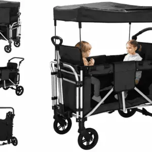 Stroller Wagon for 2 Kids, Wagon Stroller with 2 High Seat, 5-Point Harnesses, Adjustable Canopy, Foldable Stroller Wagon 2 Passenger for Garden, Stroller, Camping, Grocery Cart